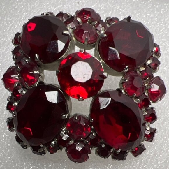 Jewelry - Vintage Red Rhinestone Brooch Pin Domed Prong Set Silver Tone Statement Runway